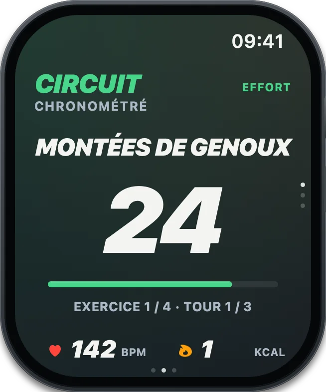 Apple Watch CIRCUIT Circuit chronométré : 24 secondes, tour 1 sur 3
