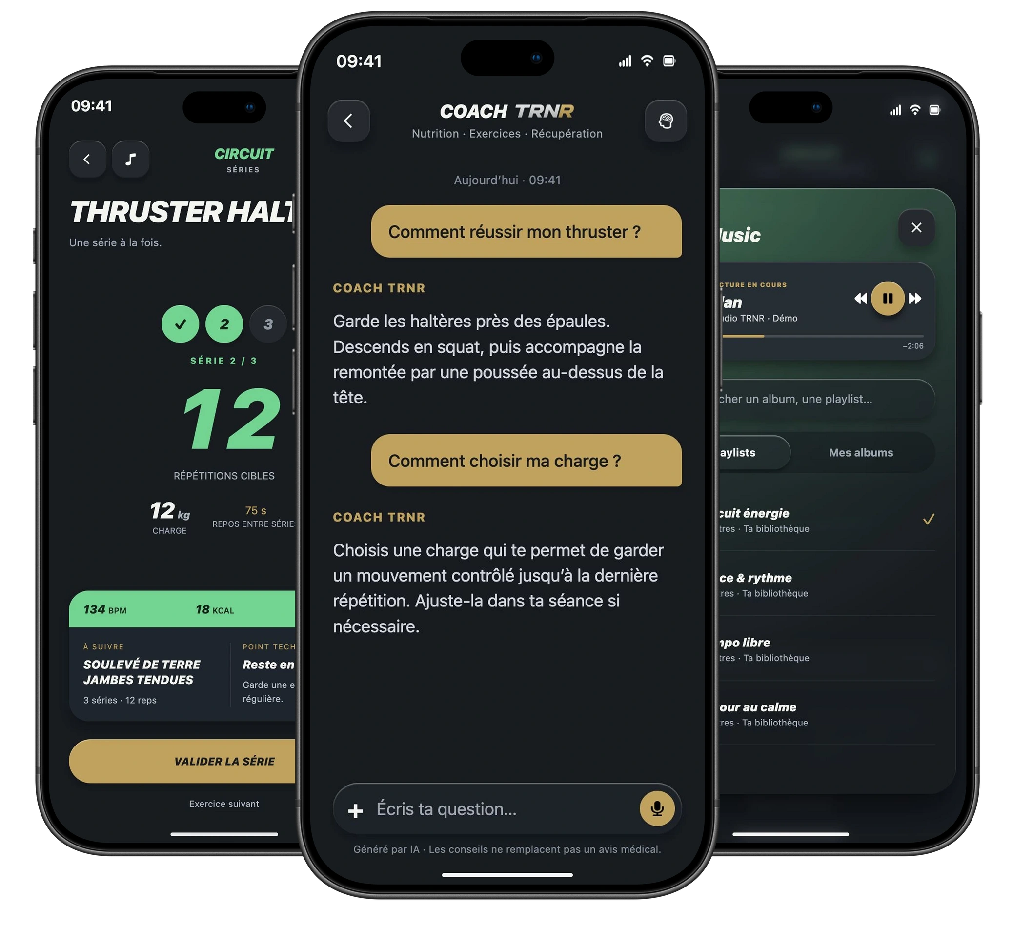 CIRCUIT : la séance, la conversation du Coach au centre et la musique, présentées ensemble dans trois iPhone