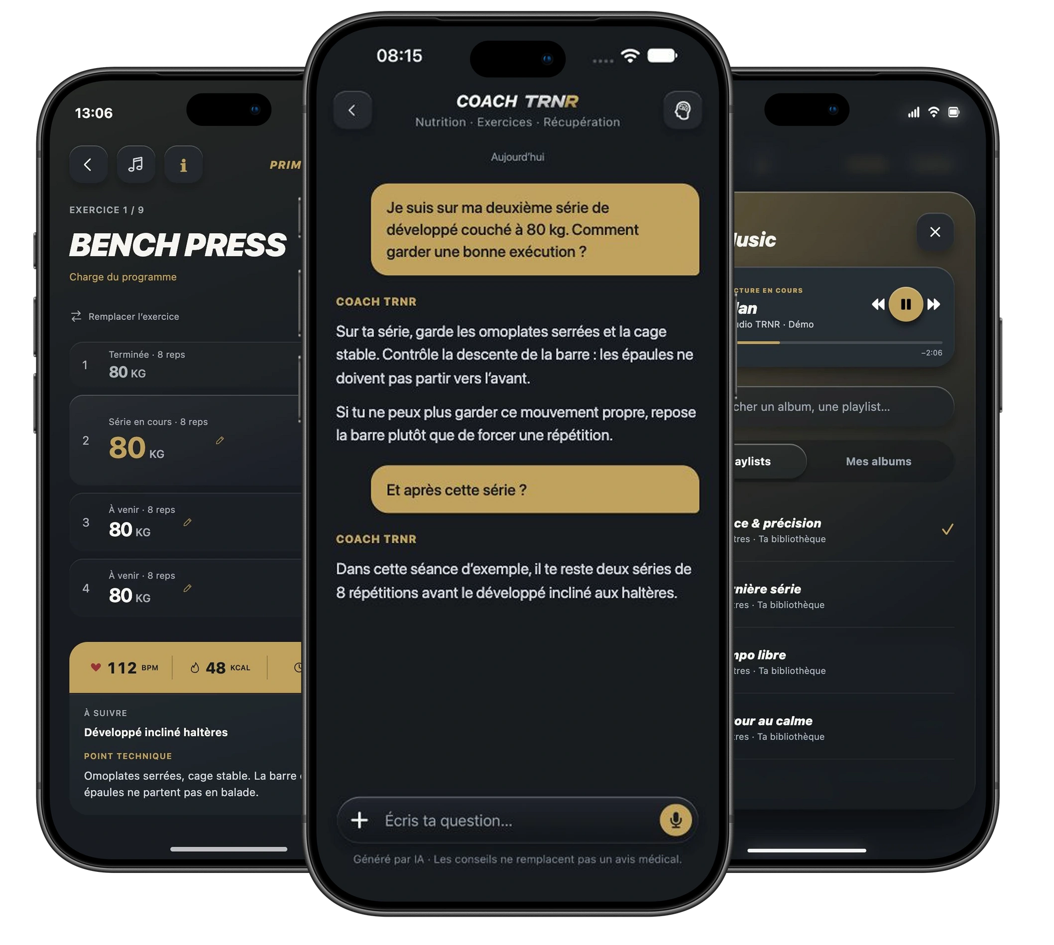PRIME : la séance, la conversation du Coach au centre et la musique, présentées ensemble dans trois iPhone