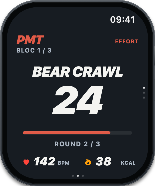 Apple Watch PMT Relief : Bear Crawl, 24 secondes, round 2 sur 3
