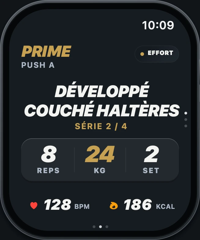 Maquette Apple Watch Relief PRIME : exercice, série, répétitions, charge et fréquence cardiaque