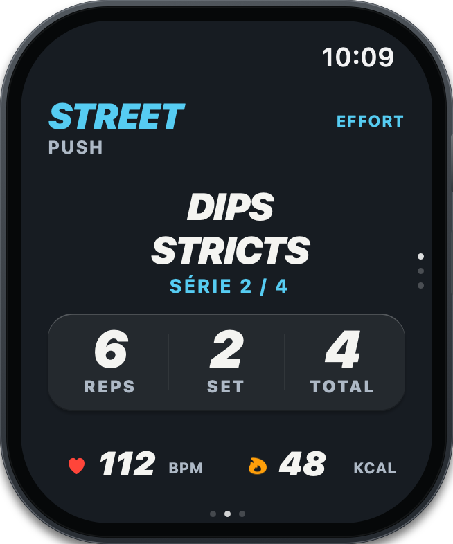 Apple Watch Relief STREET : dips stricts, 6 répétitions, série 2 sur 4
