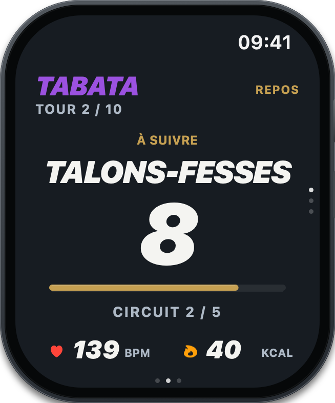Apple Watch TABATA, repos de 8 secondes avant Talons-Fesses